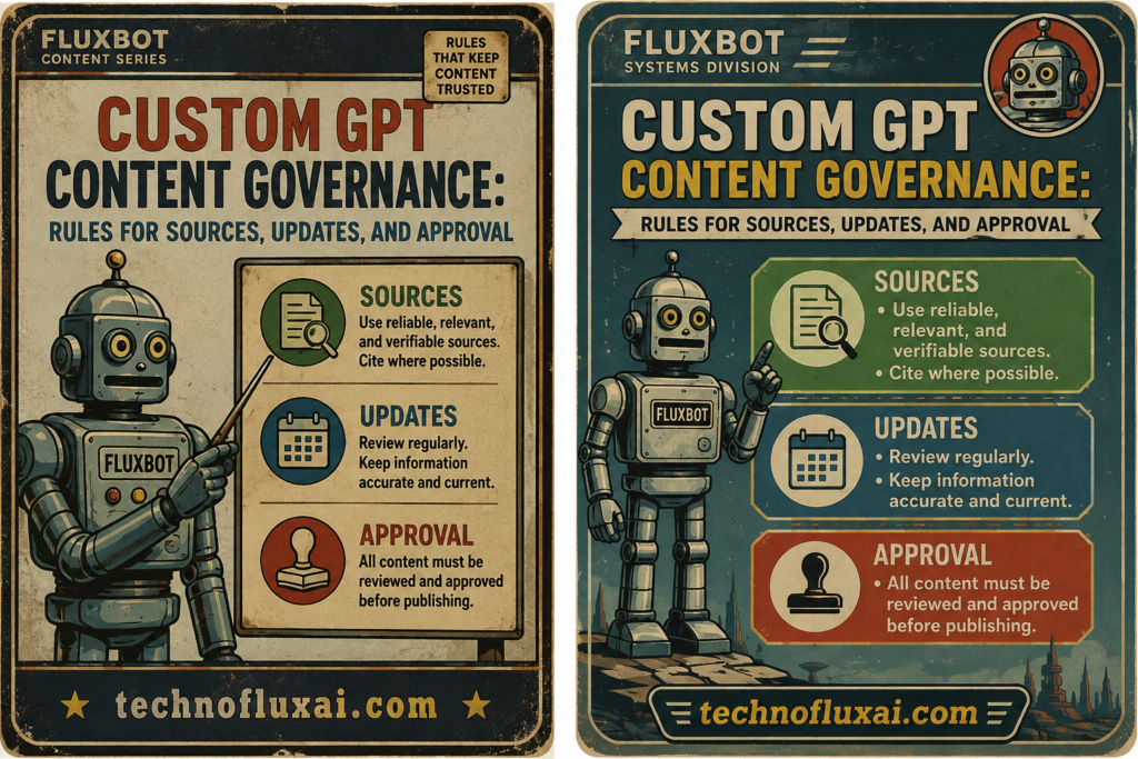 Vintage FluxBot graphic about Custom GPT content governance covering source verification, content updates, and approval workflows.