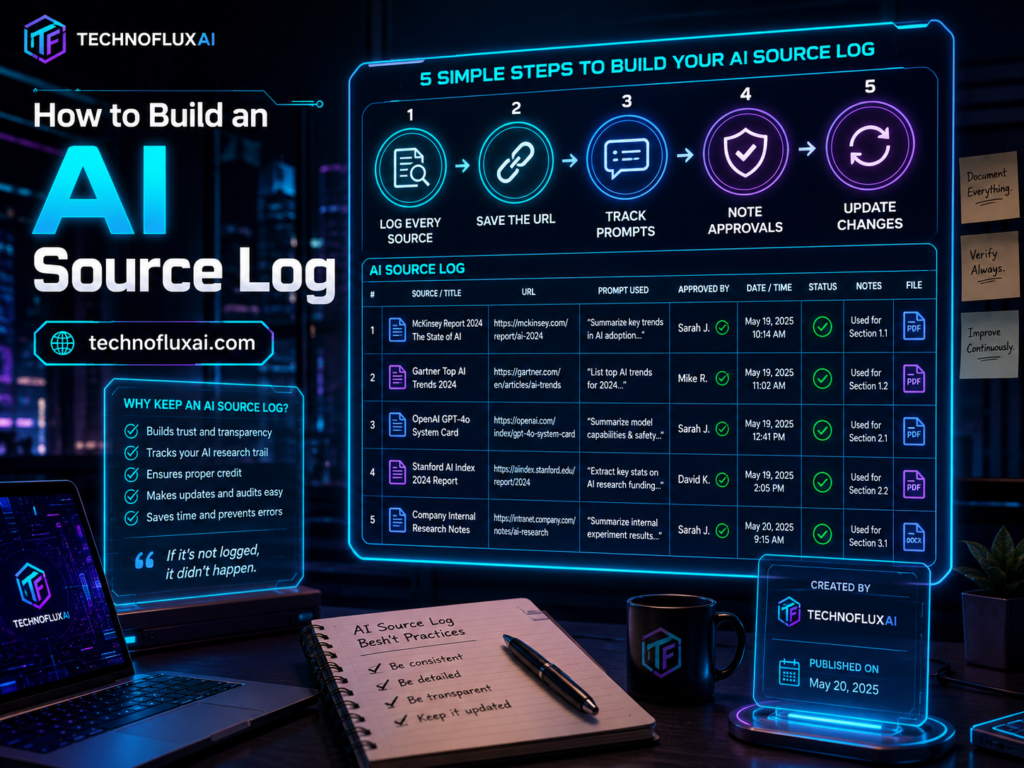 AI source log infographic showing five steps for logging sources, saving URLs, tracking prompts, recording approvals, and updating changes.