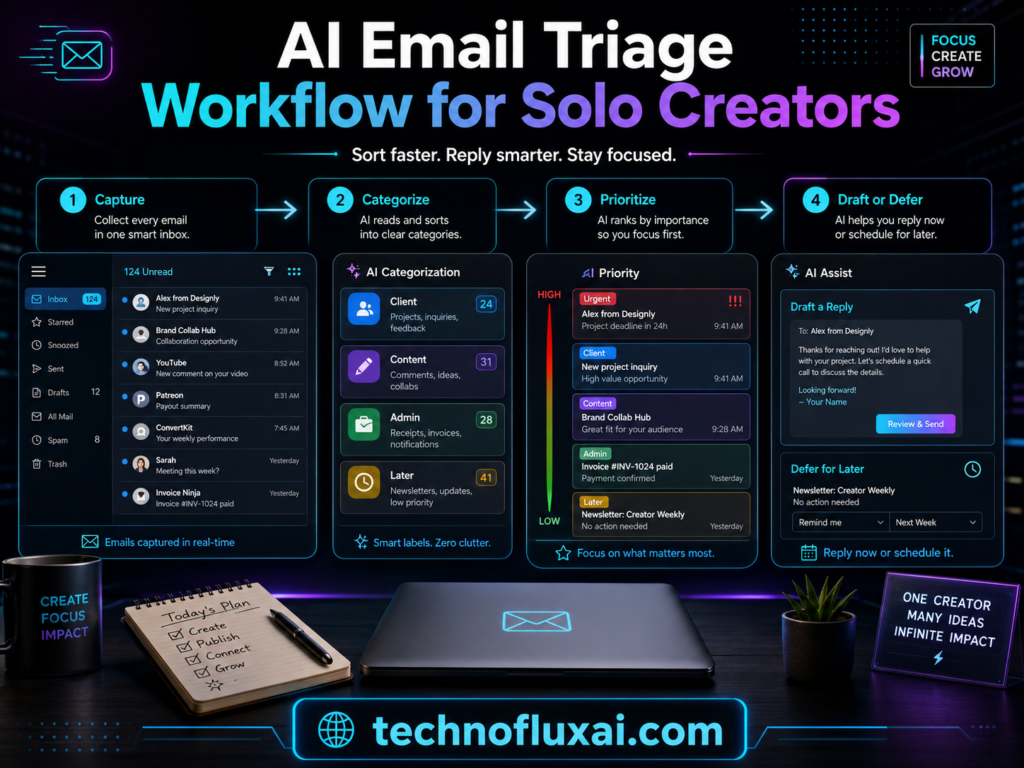 AI email triage workflow board showing how solo creators can delete, archive, reply, delegate, schedule, or follow up on incoming messages.