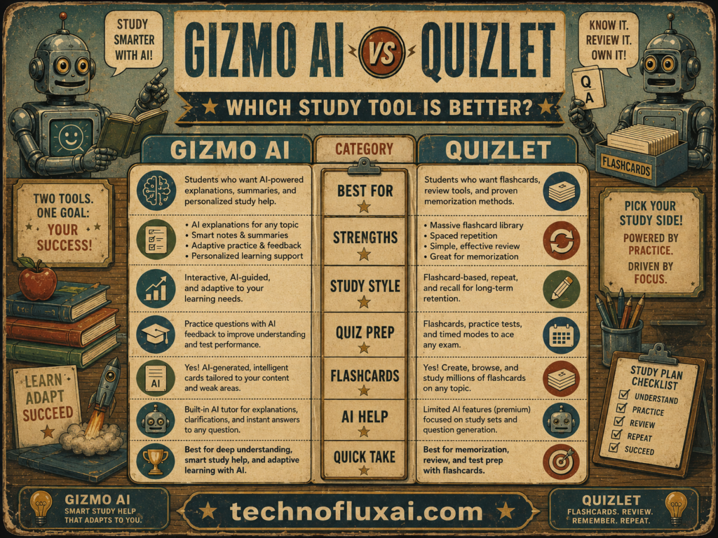 Vintage Gizmo AI vs Quizlet comparison chart showing strengths, study style, quiz prep, flashcards, AI help, and best uses for each study tool.