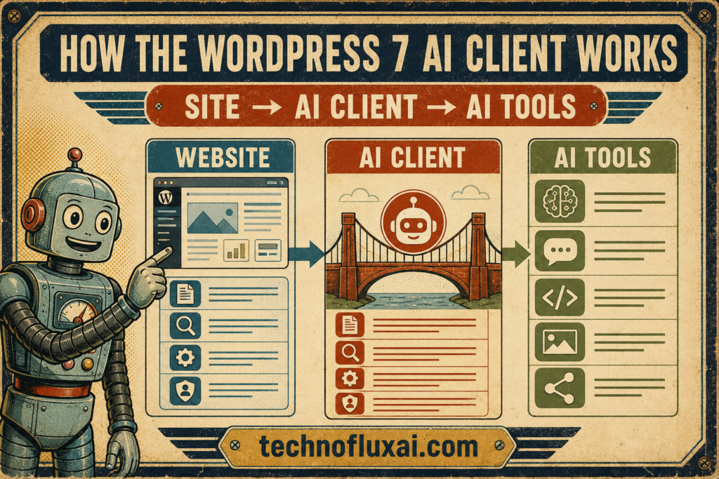 Diagram showing a WordPress website connecting to AI tools through the WordPress 7 AI Client.