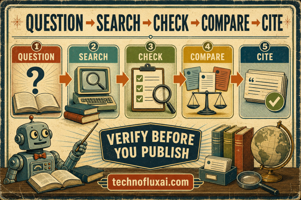 Five-step AI research workflow showing question, search, check, compare, and cite.