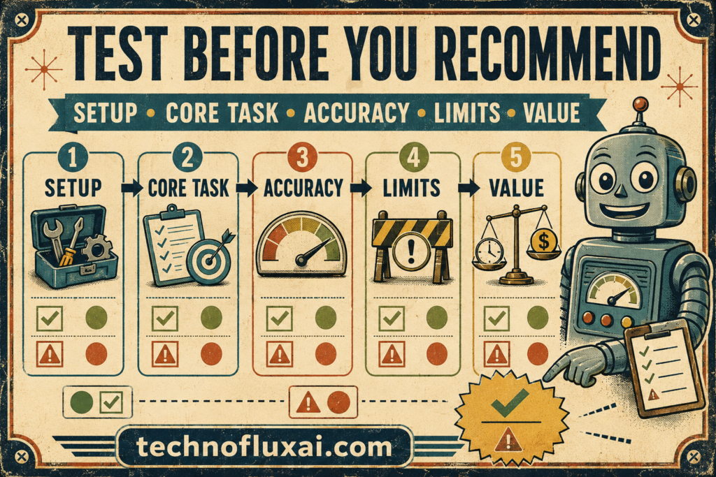 Five-step AI tool testing checklist covering setup, core task performance, accuracy, limitations, and value.
