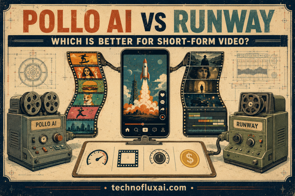 Vintage film laboratory comparing Pollo AI and Runway workflows for creating vertical short-form videos.