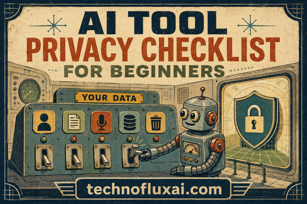 Retro robot adjusting privacy controls for personal data, documents, microphone access, storage, and deletion.