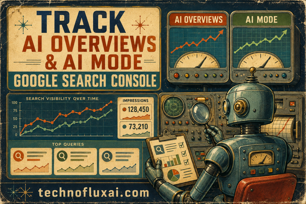Vintage analytics desk with AI Overviews and AI Mode folders, search performance reports, charts, and a retro robot.
