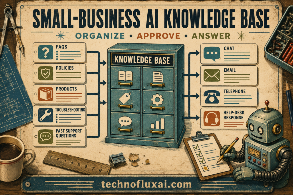 Small-business AI knowledge base connecting FAQs, policies, products, and troubleshooting guides to customer-support channels.