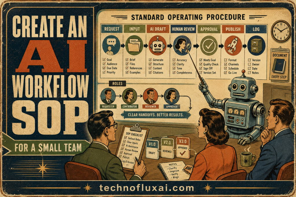 Vintage AI workflow diagram showing team roles, source files, AI drafting, human review, approval, publishing, and version logging.