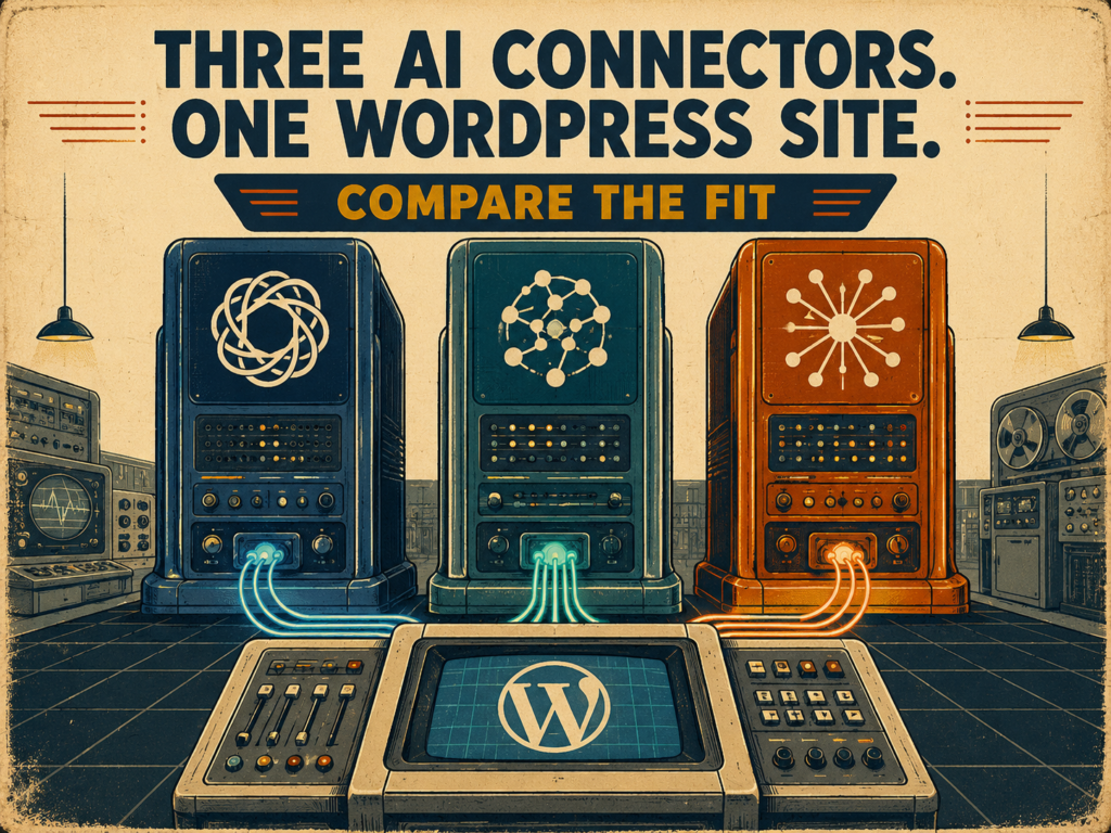 Three retro computer systems connected to a WordPress console, representing OpenAI, Google, and Anthropic AI connectors.