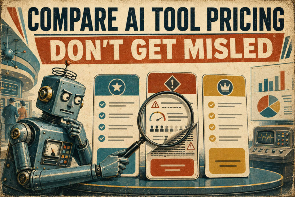 Retro balance scale comparing an advertised AI tool price with add-ons, usage charges, renewals, and locked features.