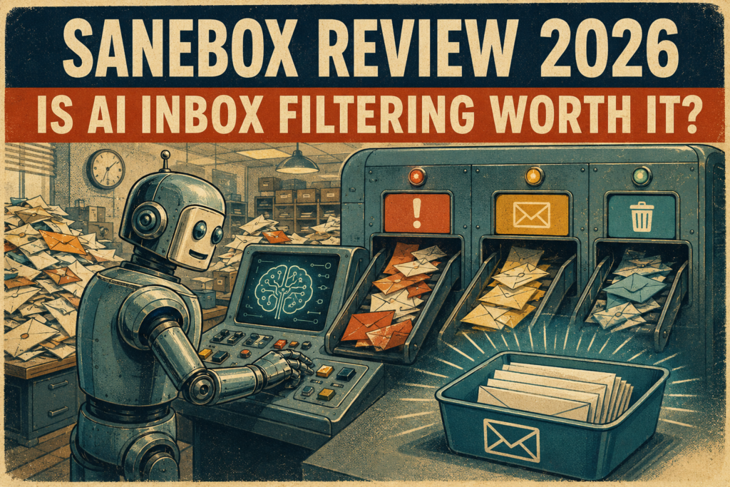 Retro balance scale comparing a cluttered email inbox with time saved and the cost of a SaneBox subscription.