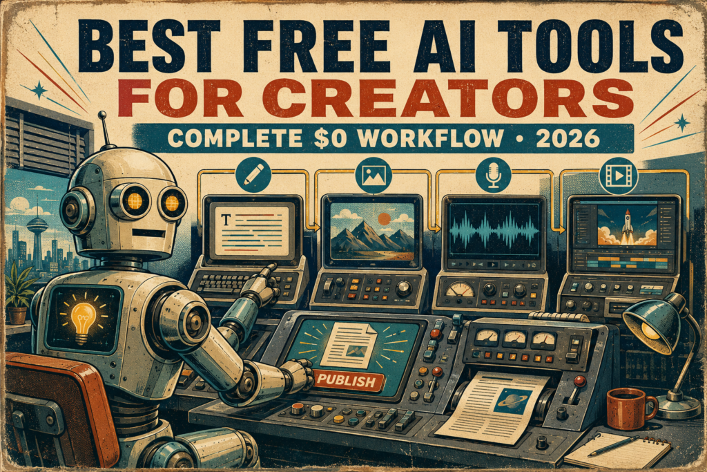 Five-step $0 AI content workflow covering ideas, writing, design, editing, and publishing.