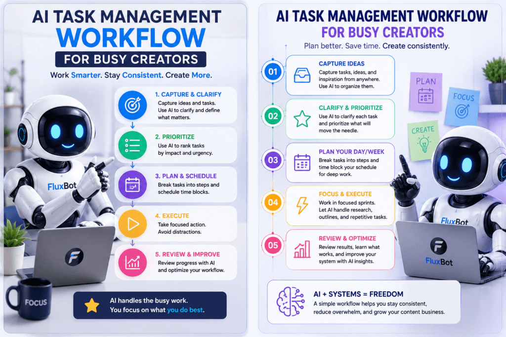 AI productivity workflow for creators showing task planning, prioritization, content creation, automation, review, and publishing.