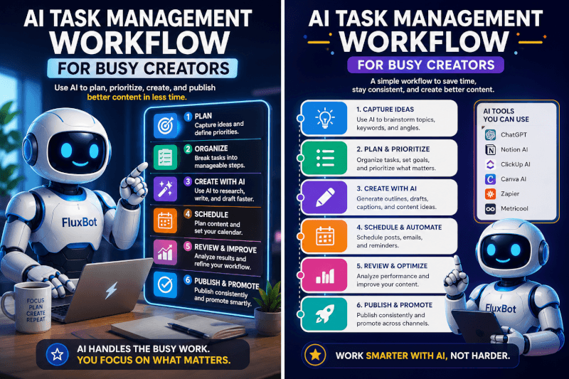 FluxBot presenting an AI task management workflow for busy creators, including planning, organizing, scheduling, reviewing, and publishing.