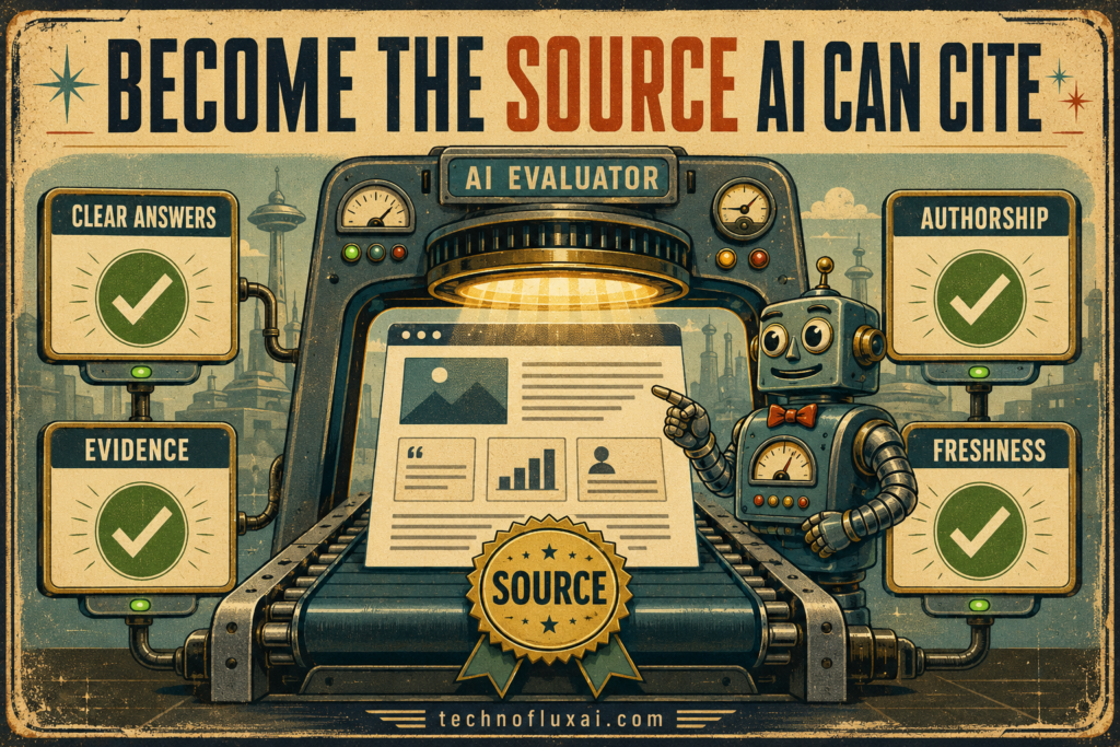 Retro robot librarian selecting a well-structured website source for an AI recommendation engine.