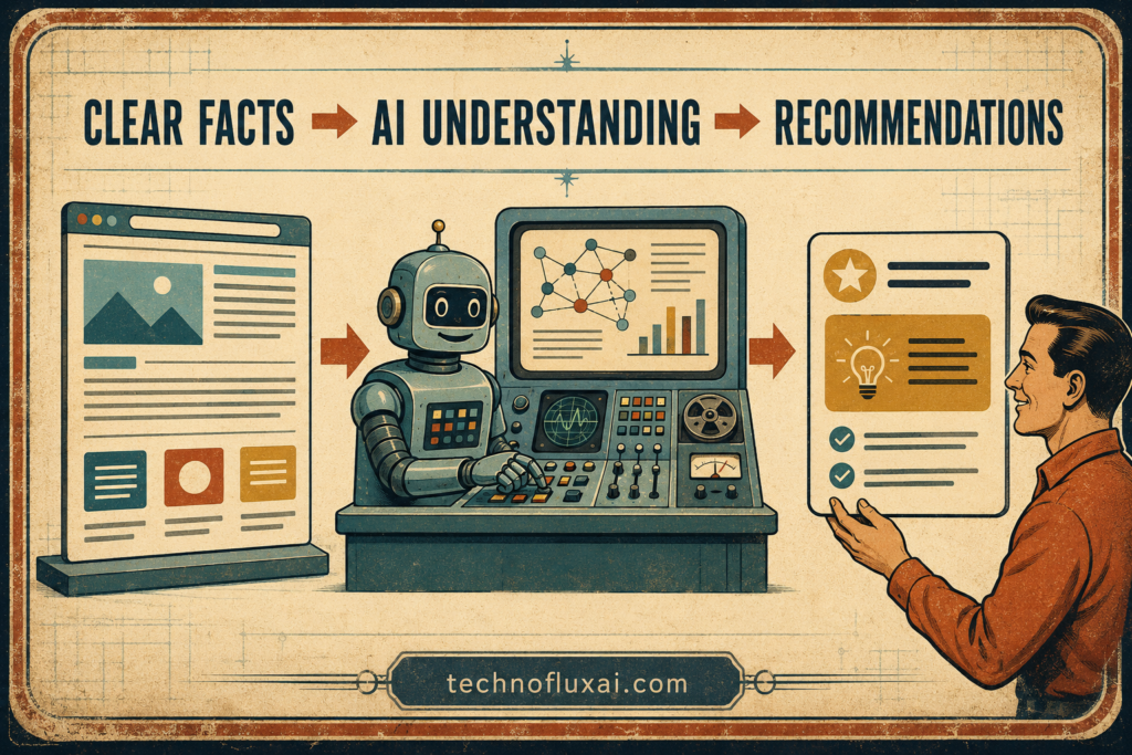 Retro AI evaluator checking a website for clear answers, evidence, authorship, and freshness.