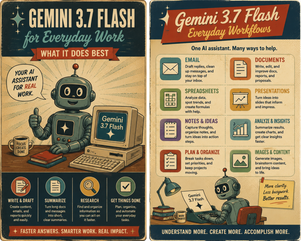 Retro infographic poster showing Gemini 3.7 Flash for everyday workflows, with a robot at a desk and icons for email, documents, spreadsheets, slides, notes, charts, and images.