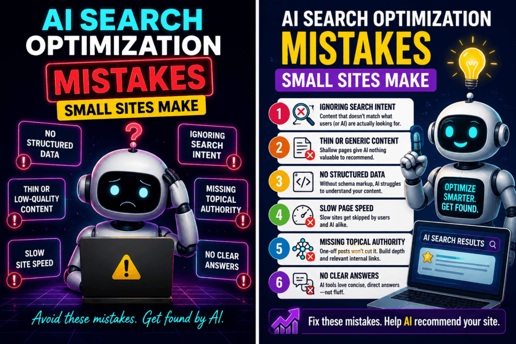 Neon infographic listing six AI search optimization mistakes, including thin content, slow site speed, missing schema, unclear answers, and weak topical authority.