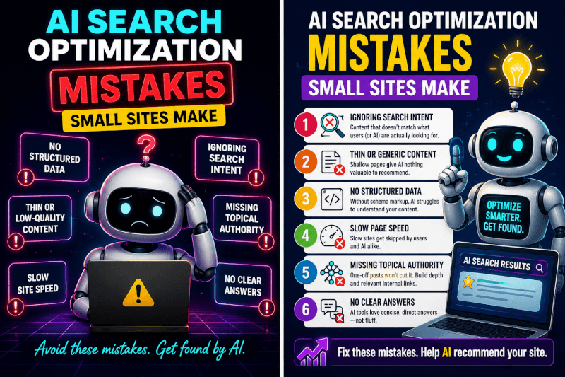 Neon infographic listing six AI search optimization mistakes, including thin content, slow site speed, missing schema, unclear answers, and weak topical authority.