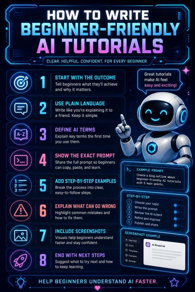Vertical infographic with eight tips for writing beginner-friendly AI tutorials, including plain language, defining AI terms, showing prompts, adding examples, and using screenshots.