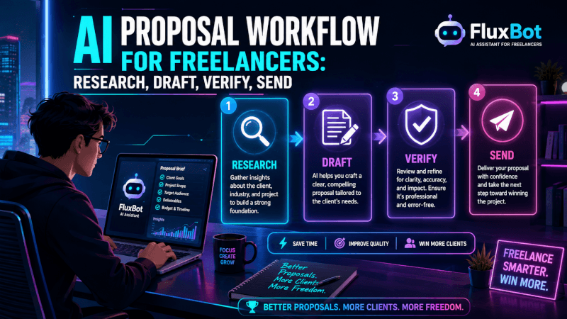 Freelancer using FluxBot to research, draft, verify, and send an AI-assisted client proposal.