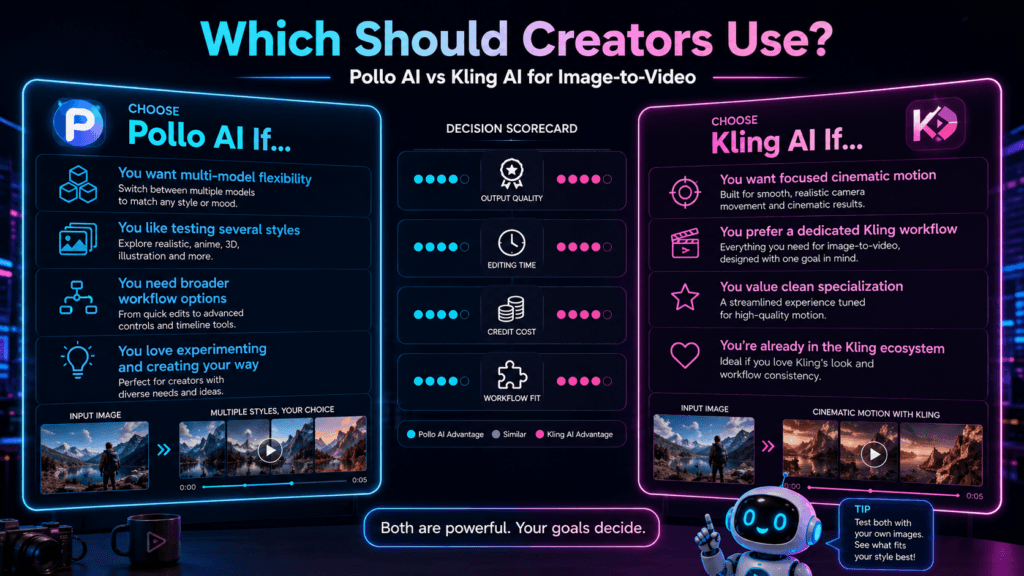 Pollo AI and Kling AI comparison chart showing workflow fit, editing time, credit cost, and output quality.