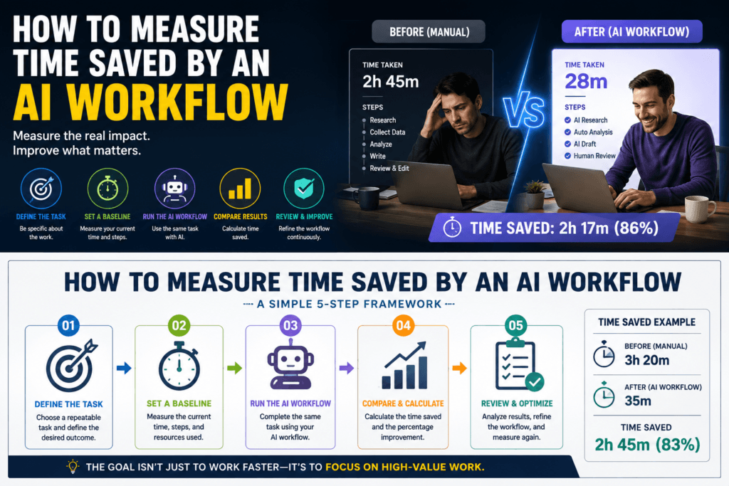 Five-step framework for measuring AI workflow time savings using a baseline, time tracking, comparison, and optimization.