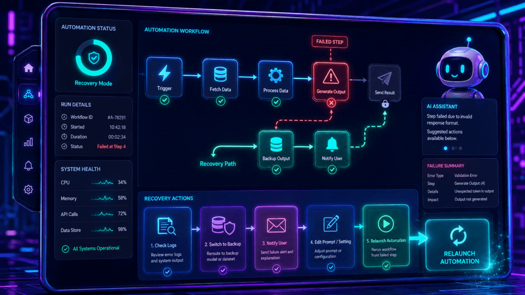 Neon AI automation dashboard showing a failed workflow step, backup route, recovery checklist, and relaunch controls.
