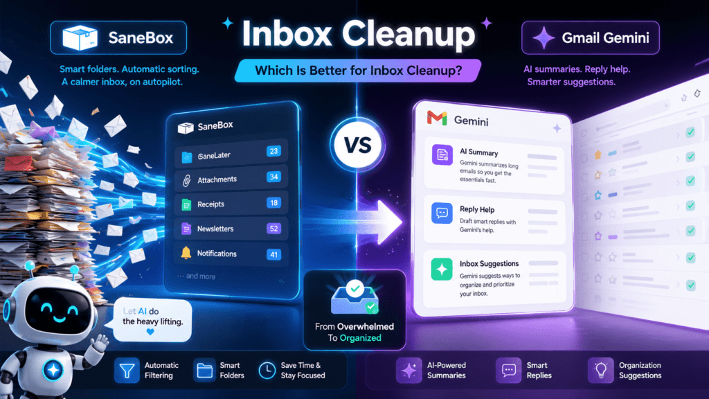 FluxBot beside a comparison of SaneBox smart folders and Gmail Gemini AI summaries for cleaning an overloaded inbox.