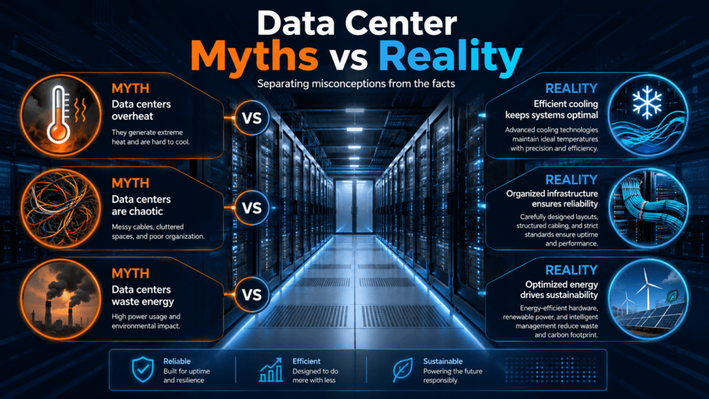 Data center myths vs reality infographic comparing overheating, cable chaos, and energy waste with efficient cooling and organized infrastructure.