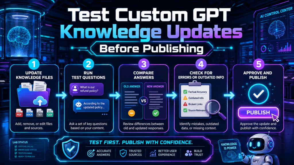 Five-step Custom GPT knowledge testing workflow showing file updates, test questions, answer comparison, error checks, and publishing.