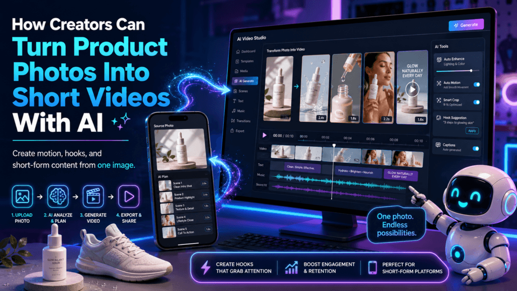 Five-step AI workflow showing how creators upload a product photo, add motion and hooks, generate a short video, and export it.