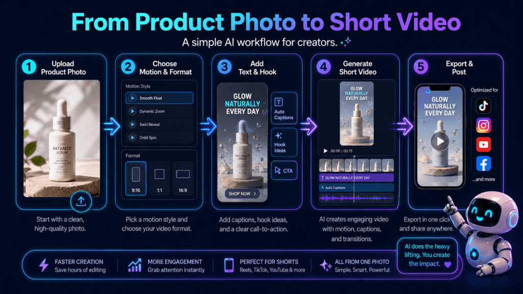 One product photo repurposed into several AI short videos including quick hooks, product demos, and before-and-after concepts.