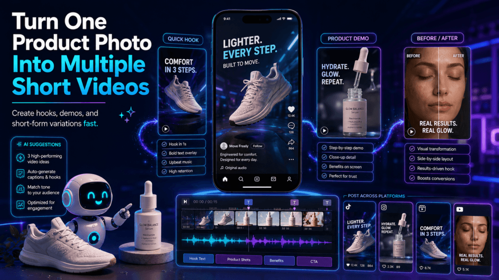 One skincare product photo branching into four AI video concepts including spin reveal, close-up detail, lifestyle scene, and call to action.