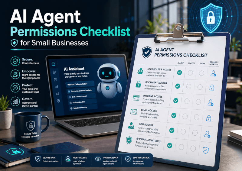 AI agent permissions checklist for small businesses showing access controls, approval settings, data security, and AI assistant permissions