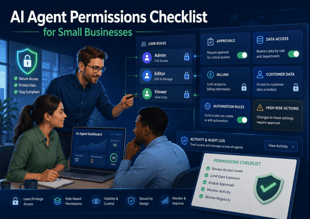 Small business team reviewing AI agent permissions, user roles, data access, billing controls, approvals, and automation settings