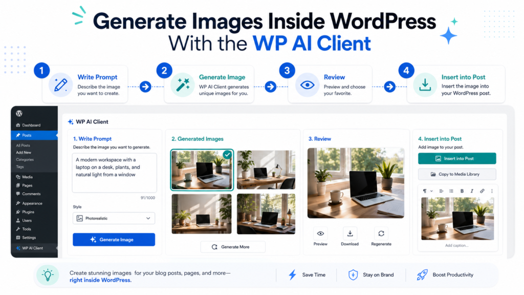 Workflow graphic showing how to write a prompt, generate images, review results, and insert images into a WordPress post with the WP AI Client
