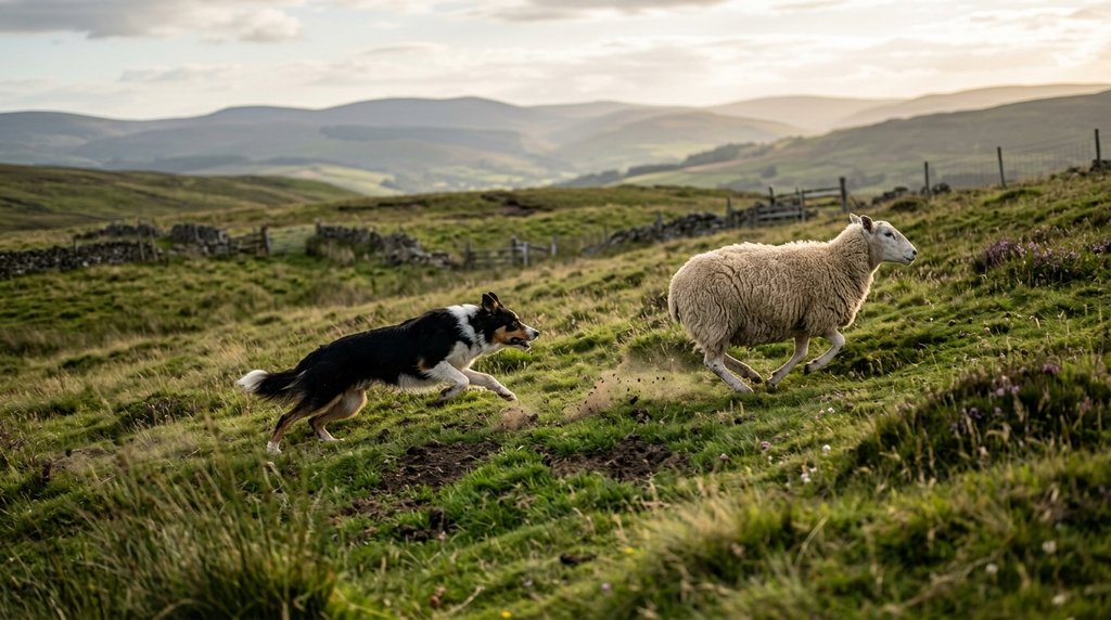 Gemini generated cinematic image of a Border Collie chasing a sheep across a Scottish hillside1)