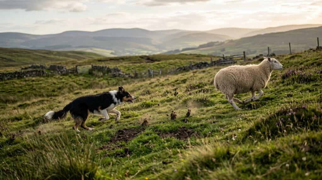 Second Gemini AI image showing a Border Collie running behind a sheep on a green hillside
