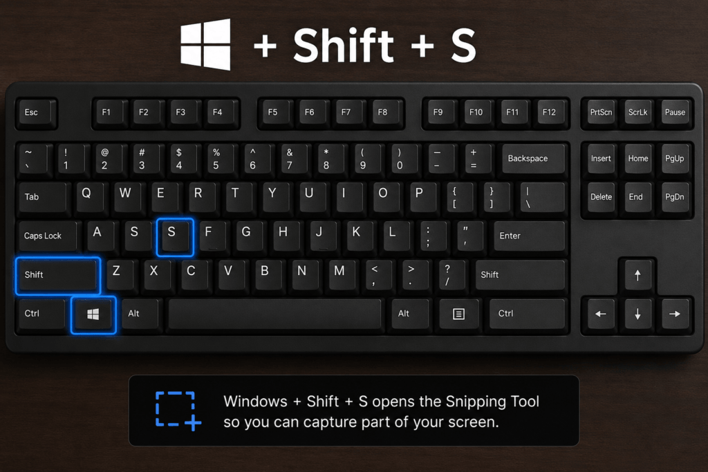 Keyboard showing the Windows + Shift + S shortcut used to open the Windows Snipping Tool for screenshots.
