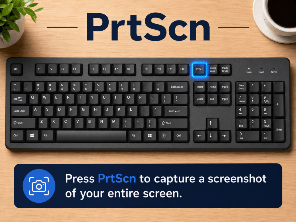 Keyboard with the PrtScn key highlighted, showing how to capture a screenshot of the entire screen.