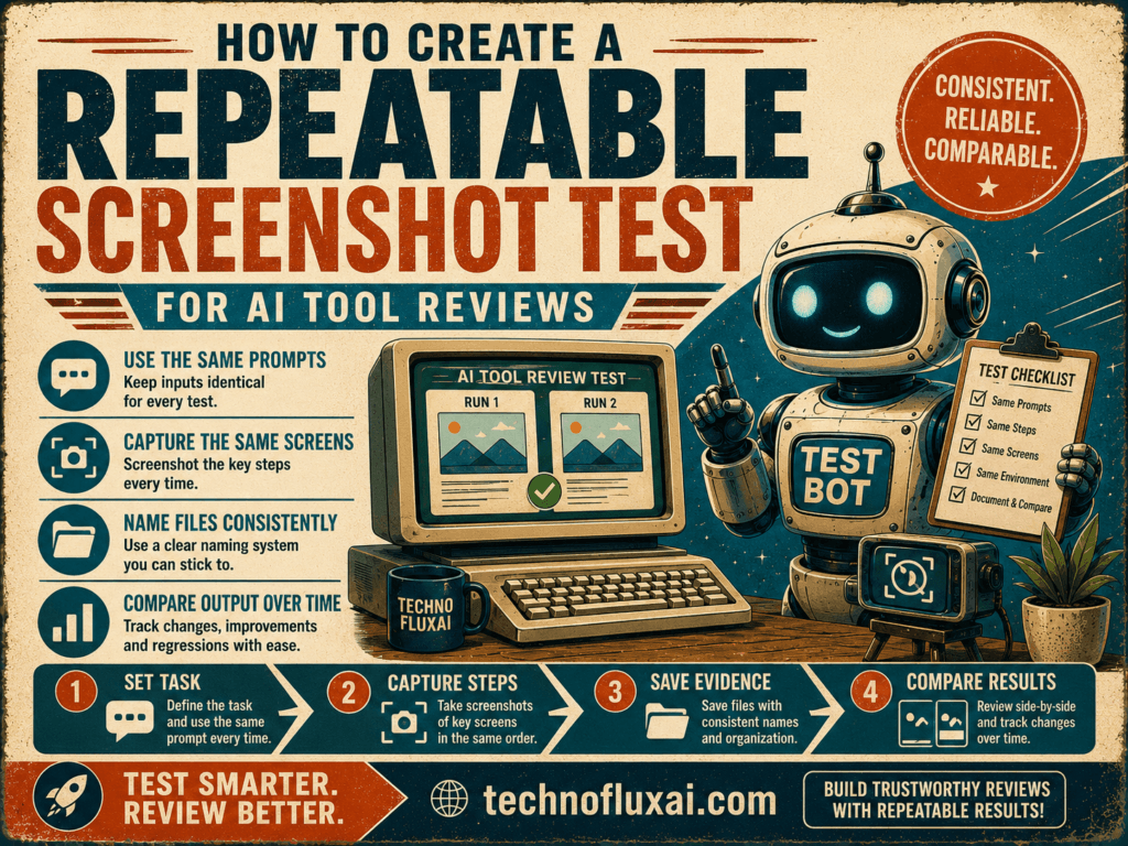 Retro-style infographic for “How to Create a Repeatable Screenshot Test for AI Tool Reviews,” featuring a friendly robot, a vintage computer, and a checklist for running consistent screenshot-based review tests.