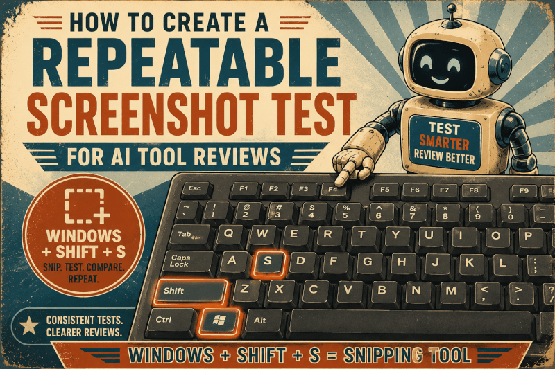 Retro-style featured image showing a keyboard with the Windows, Shift, and S keys highlighted for taking screenshots during repeatable AI tool reviews.