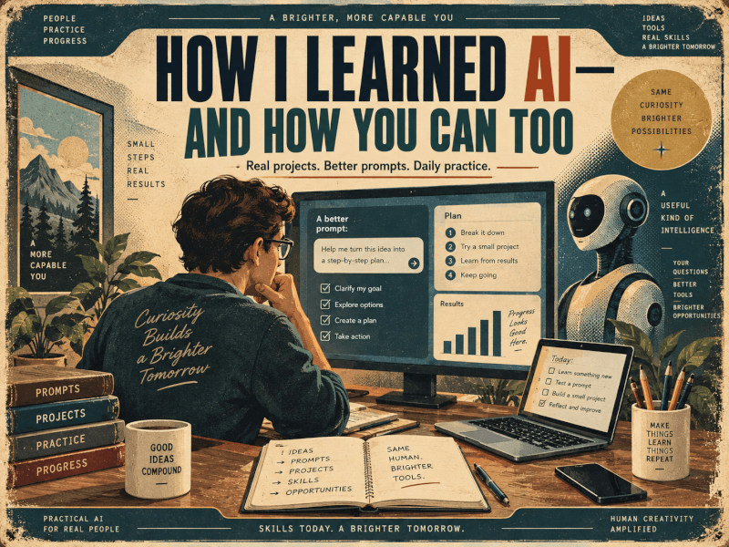 Retro-style illustration of a person learning AI at a desk with a computer, notes, books, and a friendly robot beside the headline “How I Learned AI — And How You Can Too.”