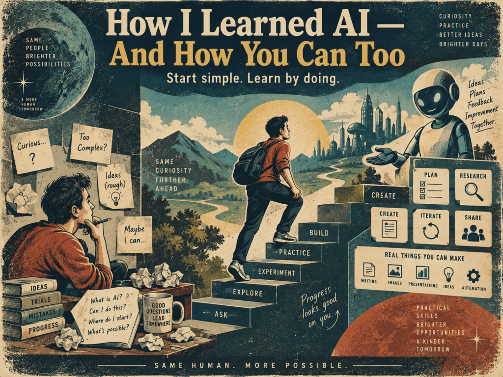 Retro-style poster showing a beginner learning AI, then climbing steps labeled ask, explore, experiment, practice, build, and create with a robot guide and the headline “How I Learned AI — And How You Can Too.”