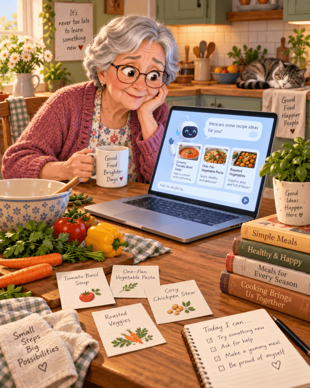 An elderly grandmother smiles at a laptop showing AI recipe ideas while sitting in a cozy kitchen surrounded by vegetables, cookbooks, and handwritten meal notes.
