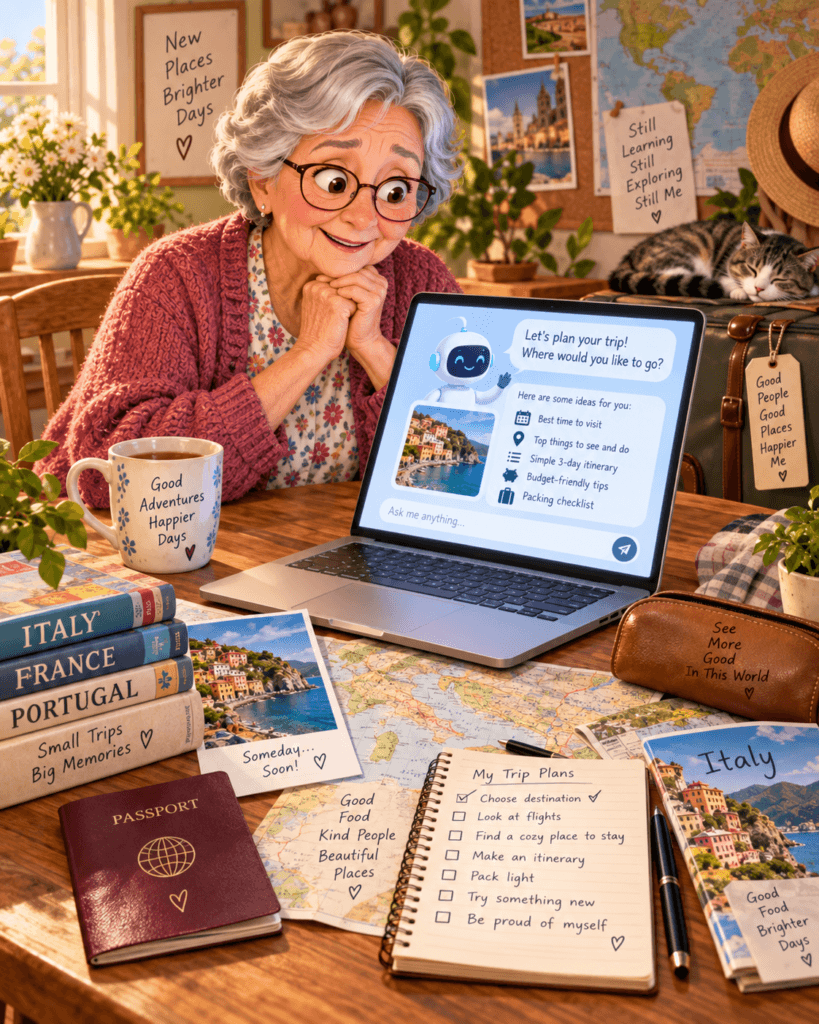 A grandmother uses ChatGPT on her laptop to plan a trip, surrounded by maps, travel books, a passport, postcards, and a cozy travel-planning setup.
