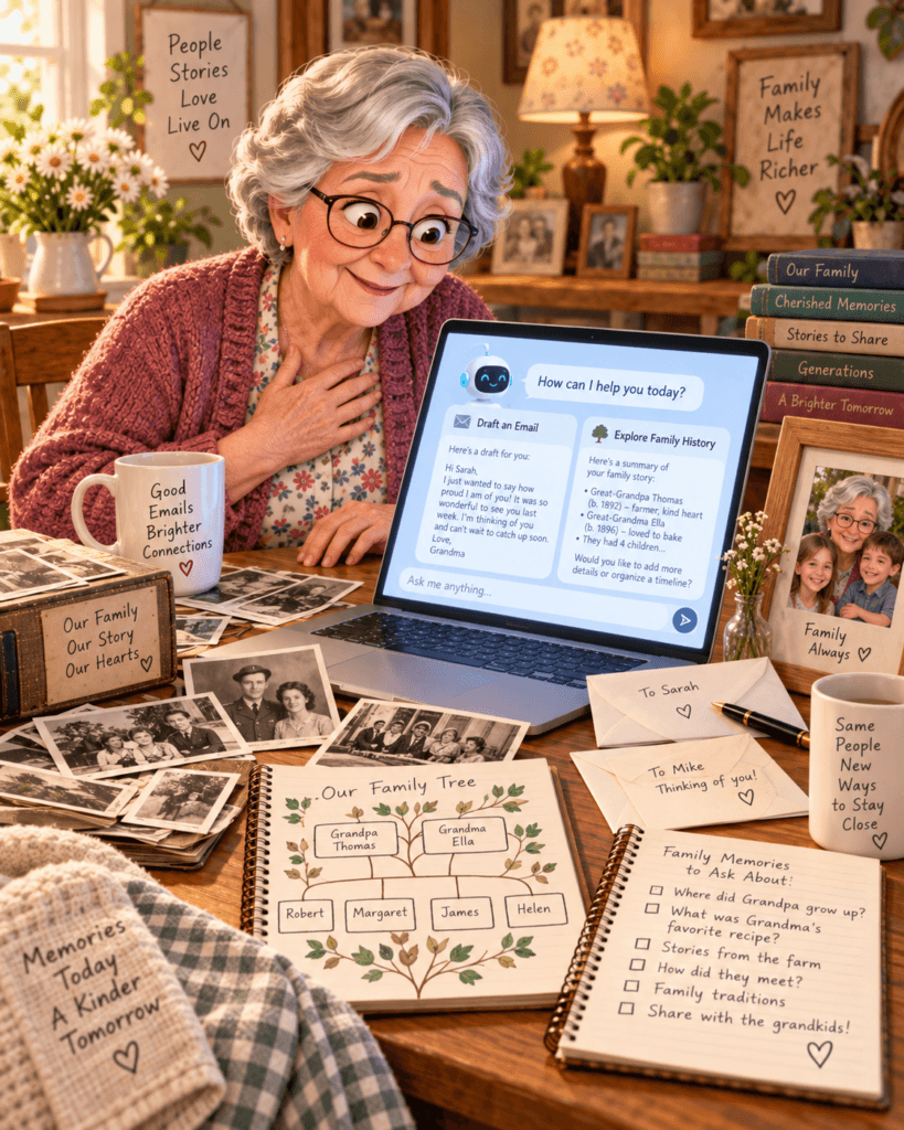 A grandmother smiles at a laptop using ChatGPT to draft emails and explore family history, surrounded by old family photos, letters, and a family tree notebook.