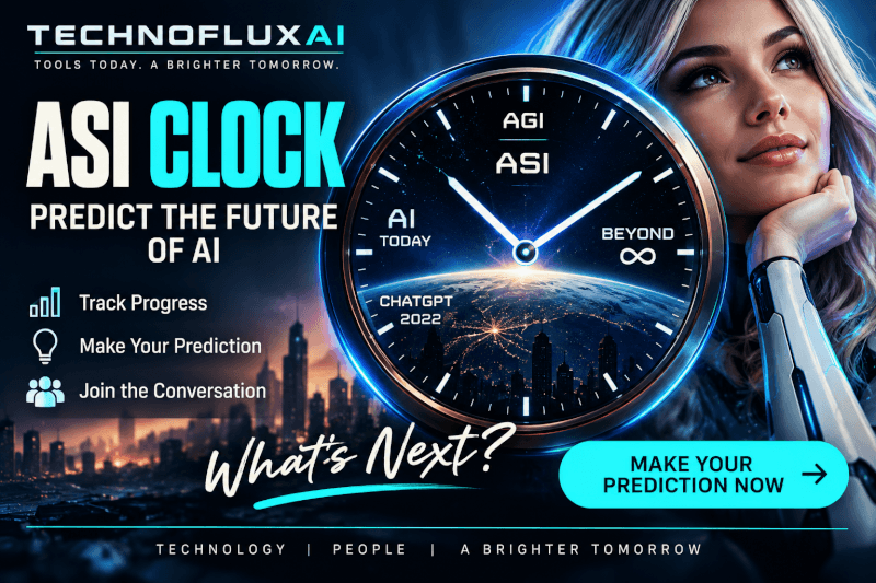 ASI Clock futuristic countdown showing artificial intelligence progressing from AI to AGI and ASI with neon blue technology graphics