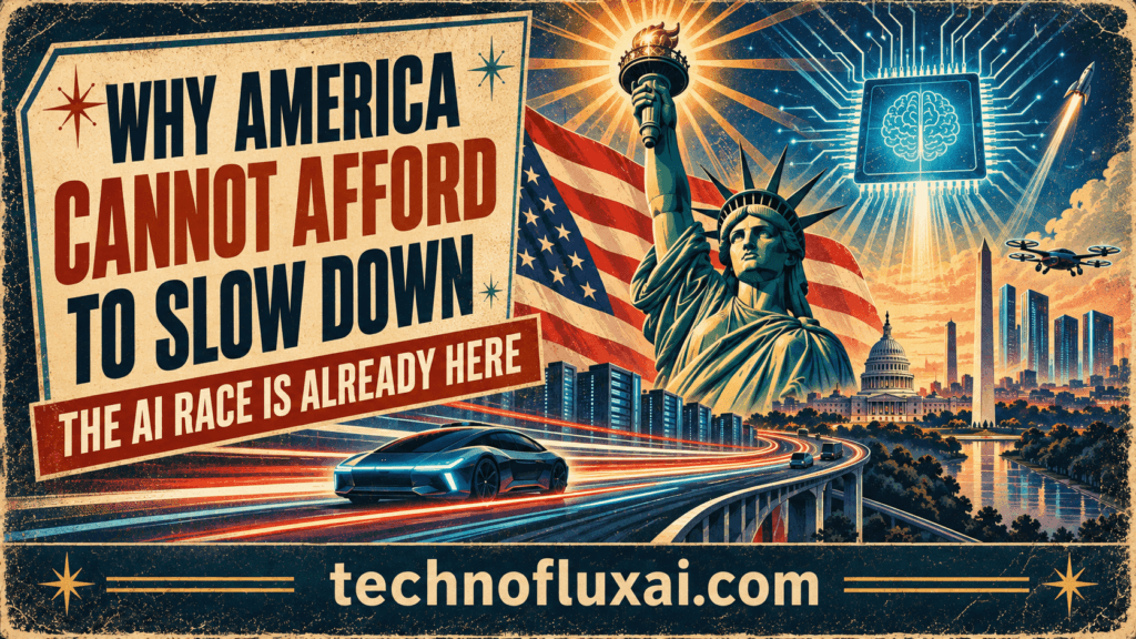 Retro-futurist American AI poster showing the Statue of Liberty, U.S. flag, Capitol, Washington Monument, futuristic AI chip, data centers, and the message “Why America Cannot Afford to Slow Down.”